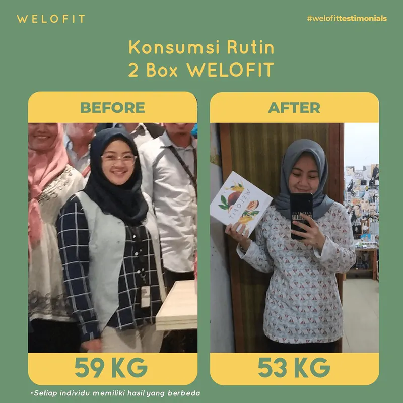 Konsumsi Rutin 2 Box WELOFIT: berat turun dari 59 KG menjadi 53 KG